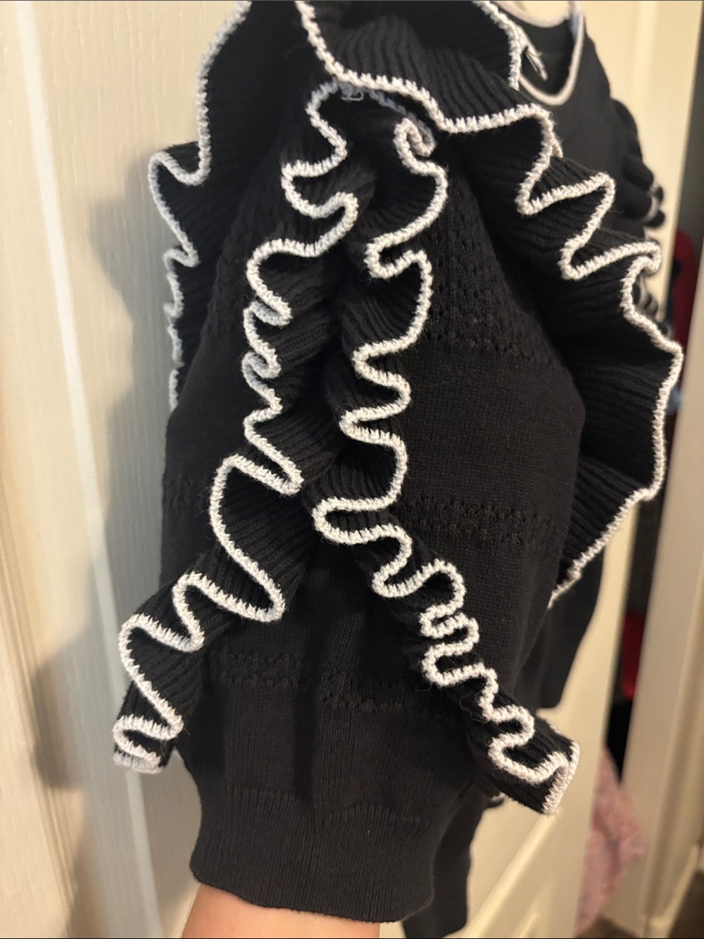 Calligraphie Black Ruffle Short Sleeve Crewneck Sweater with Contrast Trim - Picture 3 of 5